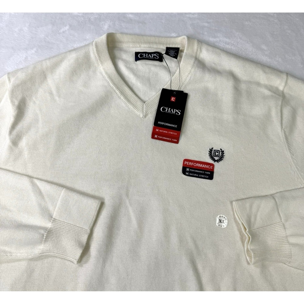 Chaps Sweater Performance Mens XL‎ Ivory V-Neck 100% Cotton Stretch Coolmax NWT